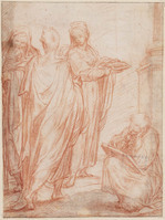 B 011
<br/>
Groep figuren bij een zuil; zittende schrijver
<br/>
<em>Procaccini, Giulio Cesare (1574-1625)</em>